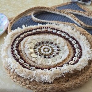 Bohemian Round Woven Bag with Shell and Bead Accents